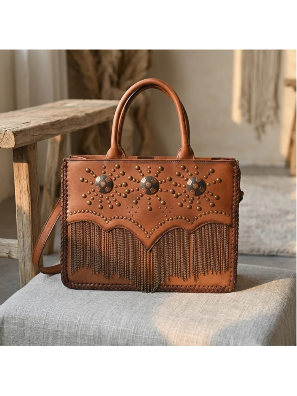 American Darling Clay Canyon Boho Studded Fringe Tote Bag